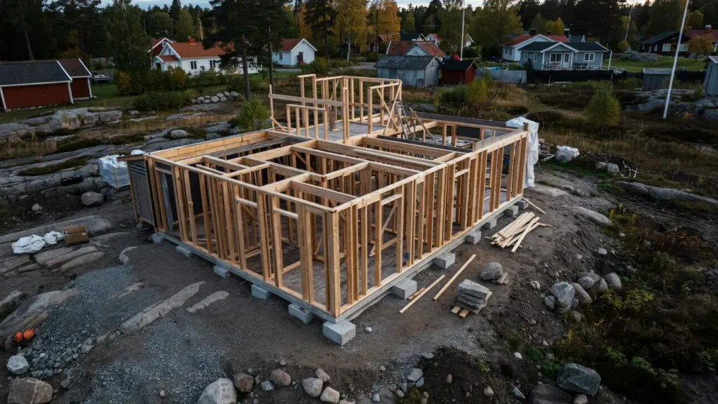 resning av stomme f r p byggnad av fritidshus i gustavsberg